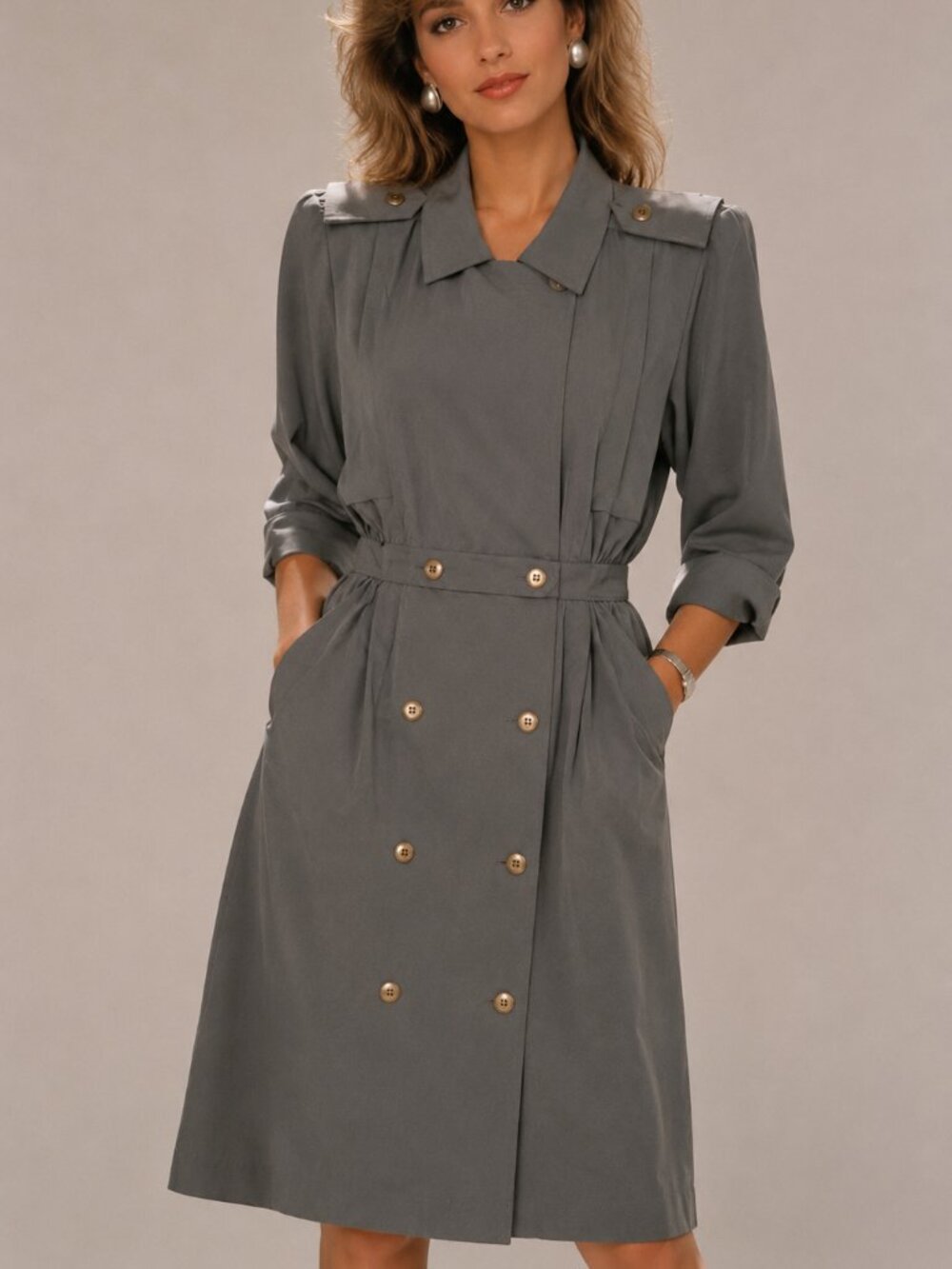 Vtg 80s Dress Liz Petites Mary Ann Lamonte Shoulder Pads Trench Double Breasted